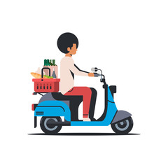 man riding scooter with shopping basket full of grocery fresh food products delivery concept isolated flat vector illustration