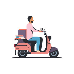 Fototapeta premium businessman riding scooter with book stack education concept isolated flat vector illustration