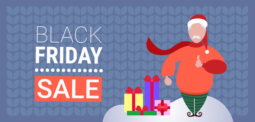 santa claus near gift boxes present black friday sale special offer concept male cartoon character flat horizontal vector illustration