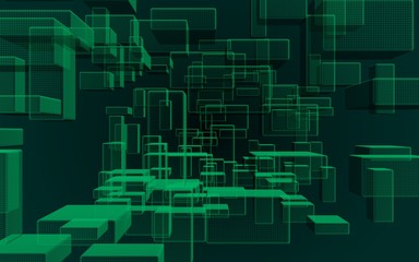 Green and dark abstract digital and technology background. The pattern with repeating rectangles. 3D illustration