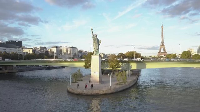 Statue of Liberty and Eiffel Tower aerial point of view in Paris, France