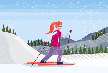 skier woman sliding down snowy mountain fir tree forest landscape background girl skiing winter vacation flat horizontal vector illustration