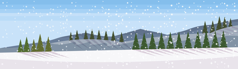 Winter snowy mountain fir tree forest landscape background horizontal banner flat vector illustration
