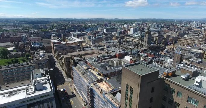 Aerial view of Glasgow from a drone during a sunny day in Scotland