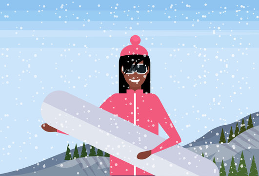 Snowboarder woman hold snowboard mountain fir tree forest landscape background female cartoon character portrait flat horizontal vector illustration