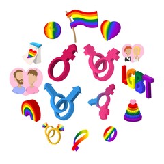 Gays cartoon icons set. Love, family and gays icons isolated on white