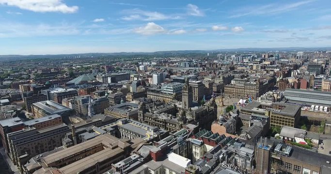 Aerial view of Glasgow from a drone during a sunny day in Scotland