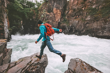 Running man travel adventure active vacations healthy lifestyle endurance extreme sport concept...