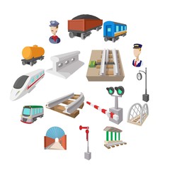 Railroad cartoon icons set isolated on white background