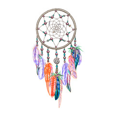 Colorful dreamcatcher and feathers isolated on white background. Native american indian amulet. Colorful vector illustration.