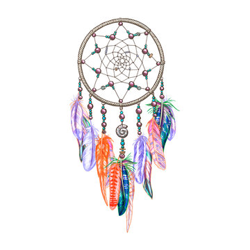 Colorful dreamcatcher and feathers isolated on white background. Native american indian amulet. Colorful vector illustration.