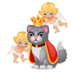 Funny cat poster in Royal crown and two cute angels isolated on white background. Vector cartoon close-up illustration.