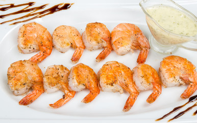 Seafood. Fast food. Royal Shrimps with Milk Sauce
