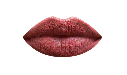 Isolated lip. Dark brown lips, portrait. Dark brown lipstick, beautiful makeup, sensual mouth, sexy lip, lipstick or lipgloss. Closeup, macro with beautiful mouth, sensual makeup. Isolated mouth, care