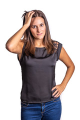 Fototapeta premium worried and surprise young woman isolated on a white background