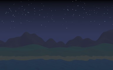 Starry moonless sky. Ocean shore line with waves on a beach. Island beach paradise with waves. Vacation, summer, relaxation. Seascape, seashore. Minimalist landscape, primitivism. 3D illustration