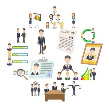 Human resources icons set in cartoon style isolated on white background