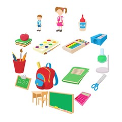Back to school icons set in cartoon style isolated on white