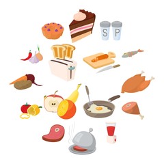 Food icons set in cartoon style on a white background