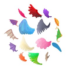 Wing icons set in cartoon style on a white background