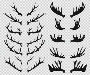 Elk and deer antlers black silhouette. Vector icons set isolated on a transparent background.