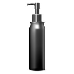 Black cleanser dispenser pump bottle. Cosmetic package mockup. Vector illustration design template.