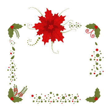 Christmas border with poinsettia and holly berry leaves. Holiday decoration element with flowers isolated on a white background.