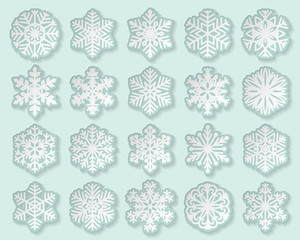 set of snowflakes, isolated on blue background