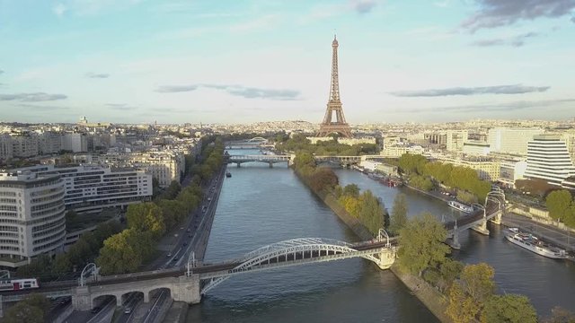 Aerial shot of Paris Eiffel Tower and Seine River
