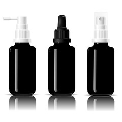 Realistic black glossy glass or plastic medical bottles set dropper dispenser spray. Mockup template for serum and other cosmetics or medical products. Vector illustration.
