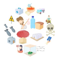 Refugees icons set in cartoon style on a white background