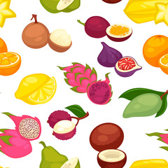 Tropical fruits set seamless pattern. Citrus lemon and orange