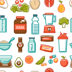 Fototapeta na wymiar Healthy lifestyle and fitness food nutrition and drinks seamless pattern.