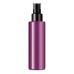 Purple cosmetic glossy plastic or glass bottle with black dispenser spray pump. Sprayer Liquid container for gel, lotion, cream, serum, base. Beauty cosmetics product package. Vector illustration.