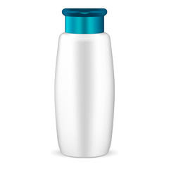 White shampoo cosmetic bottle mockup. Realistic vector 3d illustration of round cosmetics package with blue lid. Clear blank template for your design.
