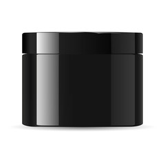 Round glossy black glass cosmetic jar with lid for body cream, gel, butter, bath salt, skin care, powder. Realistic cosmetics packaging mockup template. Vector illustration.