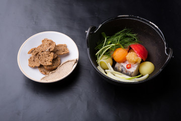 Seafood soup with croutons and pate