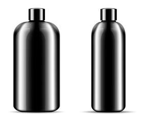 Two glossy black glass or plastic bottles set for shampoo, shower gel, soap bubble bath. Black cosmetic products packaging mockup illustration. 3d design template.