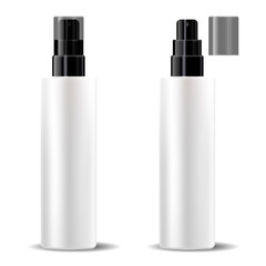 White plastic bottles set with glossy black dispenser spray pump lid. Sprayer Liquid container for gel, lotion, cream, serum, base. Beauty cosmetics product package. Vector illustration.