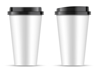 White paper coffee Cups set with different shape black lids isolated on white background. EPS10 Vector Template design illustration. 3d realistic Coffee Cup Mockup.