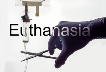 Doctor cut with scissors medication to sick, concept euthanasia
