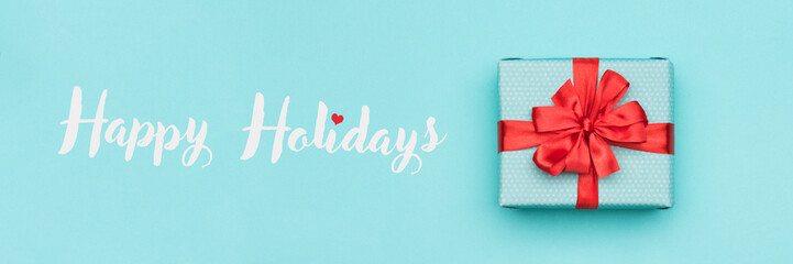 Christmas banner. Pastel blue festive winter holidays backdrop.