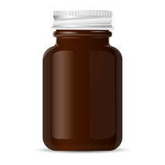 Aluminium lid Pharmacy bottle for medical products, pills, drugs, ointment and cream. Brown glass cosmetic or sports bottle mockup for bcaa and other supplements. Vector illustration.