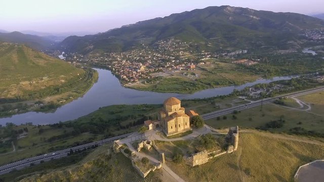 Aerial drone view of Mtskheta, Georgia with Svetitskhoveli Cathedral