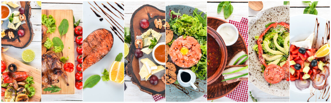 Collage of dishes. Salads, snacks, and meat dishes and fish. On a wooden background. Top view.