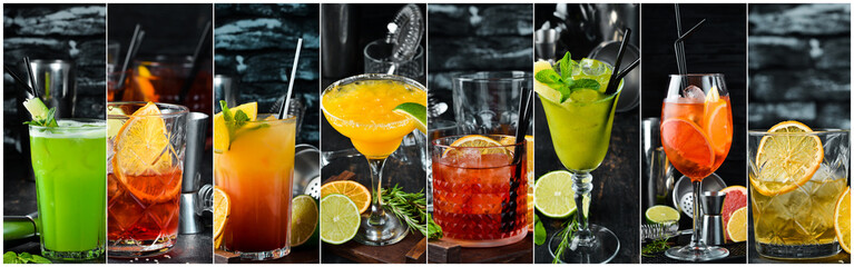 Collage. Colored Alcoholic Cocktails. Top view. On a wooden background.