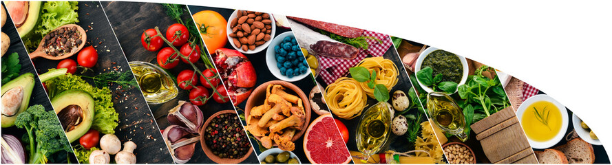 Collage. Background of vegetables, fruits and spices. Top view. On a wooden background.