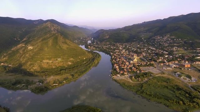 Aerial drone view of Mtskheta, Georgia with Svetitskhoveli Cathedral