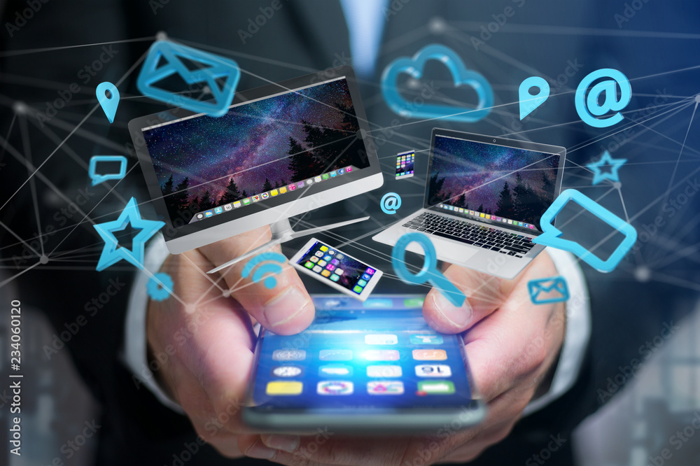 Poster devices like smartphone, tablet or computer flying over connection network and app- 3d render