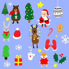 Christmas set with cartoon New Year characters. Collection of xmas elements for greeting card design. Christmas icons.